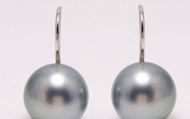 NO RESERVE PRICE - 18 kt. White Gold - 11x12mm Round Tahitian Pearls - Earrings