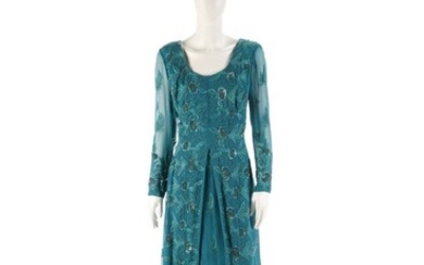 Autore non identificato, Long petrol green silk dress, embroidery.