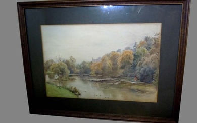 NYC CENTRAL PARK AUTUMN POND SCENE WATERCOLOR Ca. 1920 NYC Central Park Autumn Pond Scene