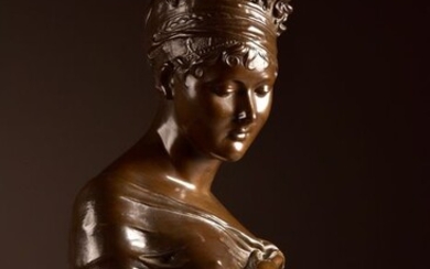 Naar Jean-Antoine Houdon (1741–1828) - Sculpture, large and beautifully executed Madame Récamier bust - 63 cm - Patinated bronze - Second half 19th century