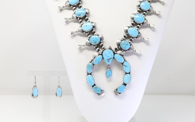 Native American Navajo Sterling Silver Kingman Turquoise Squash Blossom Necklace & Earring's Set By