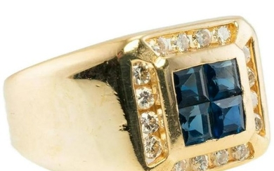 Natural Blue Sapphire Diamond Ring Mens 14K Gold