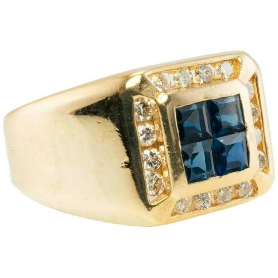 Natural Blue Sapphire Diamond Ring Mens 14K Gold