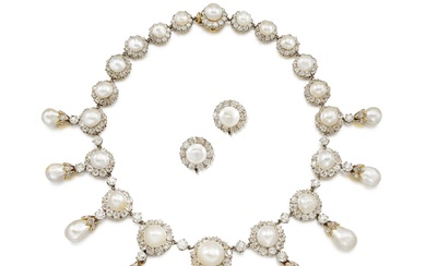Natural Pearl and Diamond Demi-Parure, Late 19th Century | 天然珍珠 配 鑽石 項鏈 及 耳環套裝，十九世紀末