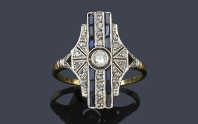 Navette Art Deco ring with rose cut diamonds and
