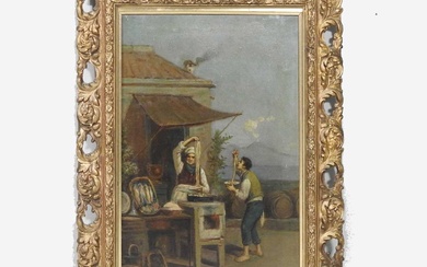 Neapolitan school, 19th century, The Spaghetti Seller, with view of...