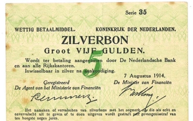 Nederland. 5 gulden. Zilverbon. Type 1914 - Zeer Fraai +.