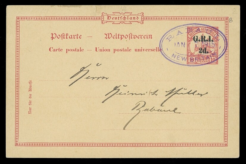 New Guinea 1914-15 Surcharged on German New Guinea Postal Stationery 2d. on 10pf. carmine postc...