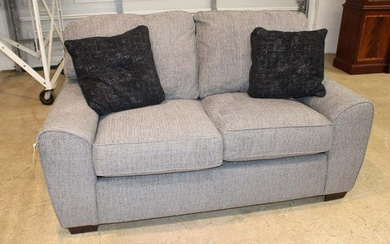New Lane 2 cushion upholstered loveseat with pillows in the soft grey