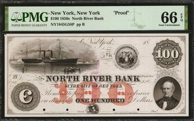 New York, New York. North River Bank. 1850s. $100. PMG Gem Uncirculated 66 EPQ. Proof.