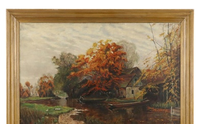 O. Krull Oil Painting of German Pond Landscape With Cottage, 1950