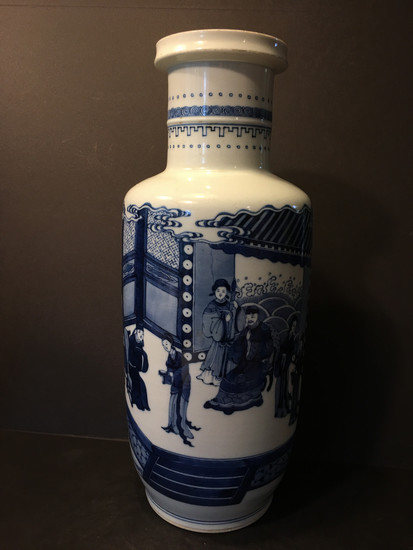 OLD Large Chinese Blue and White Vase with Figurines, Kangxiperiod, 17th/18th century. 18" h