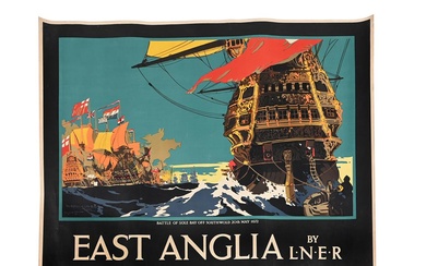 ORIGINAL RAIL TRAVEL POSTER EAST ANGLIA BY LNER, BATTLE OF SOLE BAY OFF SOUTHWOLD, 20TH MAY 1672