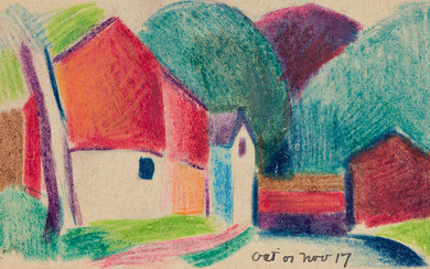 OSCAR BLUEMNER Three drawings. Landscape with House, color crayons on beige thin wove...