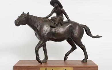 Okimono - Bronze - Yukawa Hōzan 湯川芳山 (?-?) - "Kusabara no asa" 草原の朝 (Morning on a Meadow) - Boy on a horse - With seal Hōzan 芳山 - Japan - Taishō period (1912-1926)