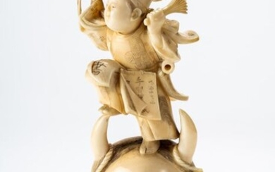 Okimono - Elephant ivory - Raro ed insolito - Maschera Hannya con danzatore di Sambaso - Japan - Meiji period (1868-1912)
