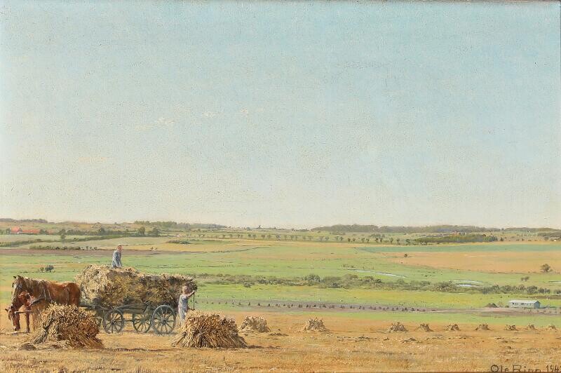 SOLD. Ole Ring: Landscape with harvest workers. Signed and dated Ole Ring 1947. Oil on canvas. 23 x 35 cm. – Bruun Rasmussen Auctioneers of Fine Art