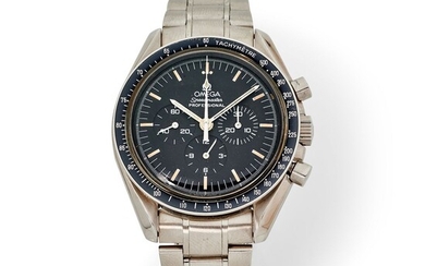 Omega, Speedmaster, n° 48372920, vers 1980. Un beau chronographe en acier, cadran noir, aiguilles et...