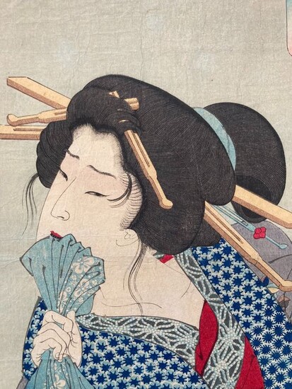 Original woodblock print - Mulberry paper - irezumi/tattoo - Tsukioka Taiso Yoshitoshi (1839-1892) - 'Itasō' いたそう (Painful) - From "Fūzoku sanjūnisō" 風俗三十二相 (Thirty-two Aspects of Customs and Manners) - Japan - 1888 (Meiji 21)