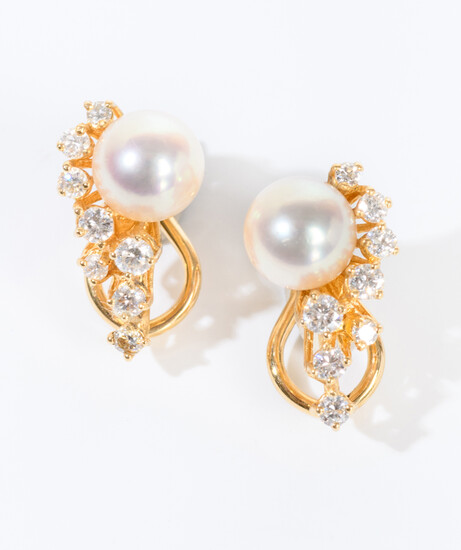 PAIR 14K YELLOW GOLD, CULTURED PEARL AND DIAMOND CLIP-BACK EARRINGS....