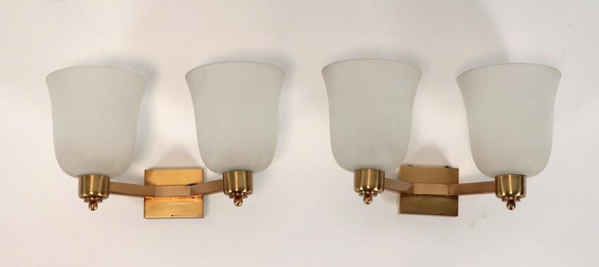 PAIR FRENCH BRASS GLASS WALL SCONCES ATTR. PERZEL