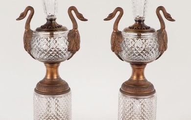 PAIR FRENCH EMPIRE STYLE BRONZE CRSTAL TABLE VASES