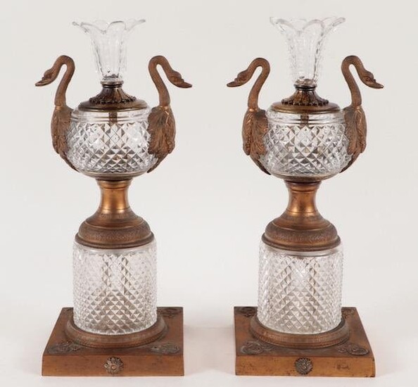 PAIR FRENCH EMPIRE STYLE BRONZE CRSTAL TABLE VASES