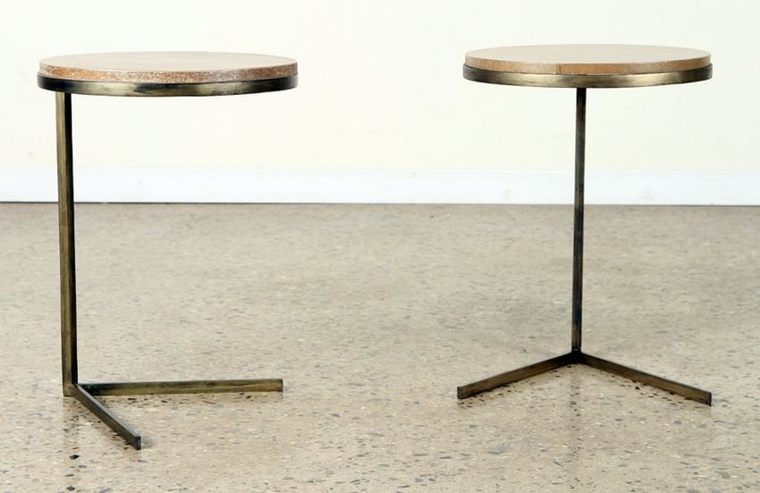 PAIR IRON END TABLES CANTILEVERED PARCHMENT TOP