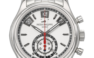 PATEK PHILIPPE. AN ATTRACTIVE STAINLESS STEEL AUTOMATIC ANNUAL CALENDAR FLYBACK...