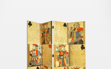 PIERO FORNASETTI (1913-1988) Gerusalemme e Grandi Carte da Gioco A Unique Four-Panel Trompe L'Oeuil Folding Screen1953lithographic transfer on wood, one side showing a cityscape of Jerusalem in black on a yellow ground, on the other side Kings, Queens...