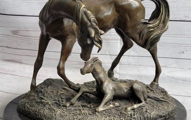 PJ Mene Inspired Loving Mare & Foal Bronze Sculpture On Marble Base - 10" x 14"