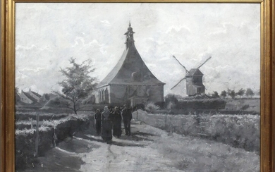 Paesaggio con chiesa, muline e figure, tecnica mista su carta 54x74cm, entro cornice., Ernesto Biondi (1855 - 1917)