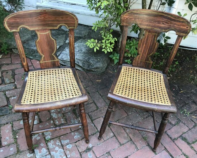 Pair Antique 19th C American Grain Painted Chairs