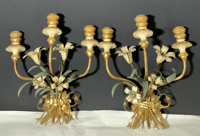 Pair Antique Gilt Metal Tole Wall Sconces, Italy
