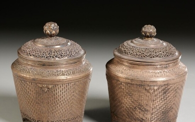 Pair Asian silver basket-form jars and covers