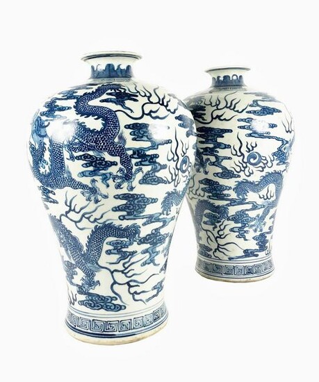 Pair Chinese Blue & White Vases, Qing Dynasty