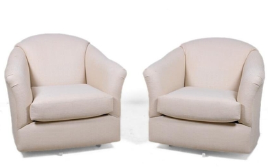 Pair Contemporary barrelback upholstered swivel lounge