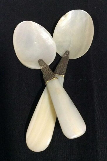 Pair Mother Of Pearl Spoons W Sterling Silver