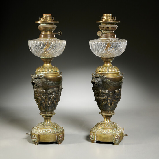 Pair Napoleon III bronze fluid urn lamps