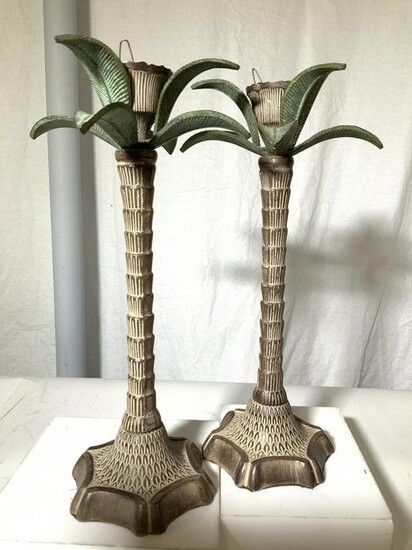 Pair Palm Tree Enameled Metal Candlesticks