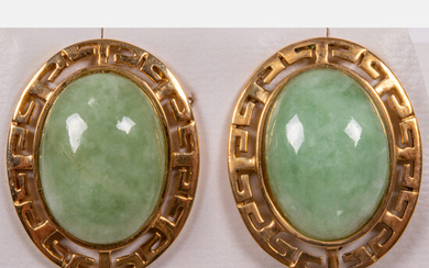 Pair of 14kt Yellow Gold and Celadon Jade Earrings