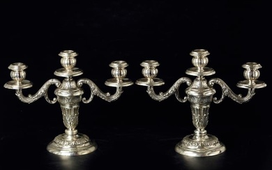 Pair of Buccellati sterling silver three light candelabras, marked " Buccellati, made in Italy"