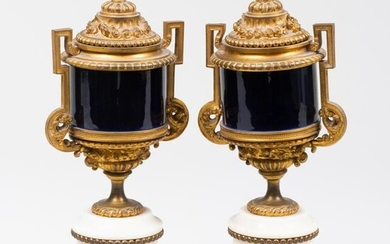 Pair of Continental Gilt-Metal-Mounted Blue Enamel and
