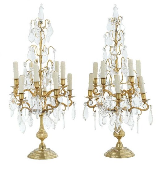 Pair of French Bronze and Crystal Candelabra