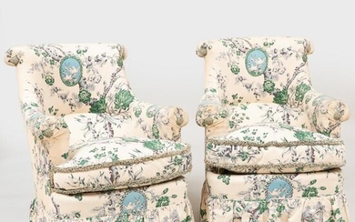 Pair of French Cotton Upholstered Armchairs, Designed