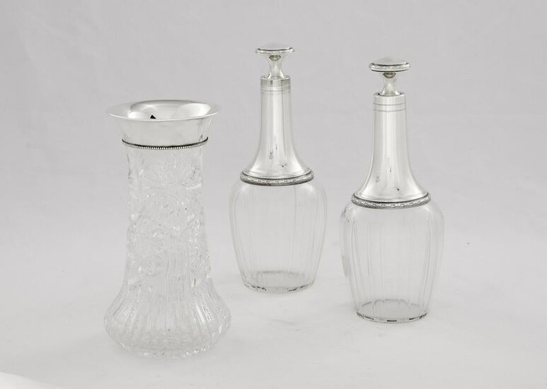 Pair of French silver & glass decanters & a vase