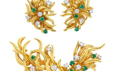 Pair of Gold, Emerald and Diamond Earclips and Brooch