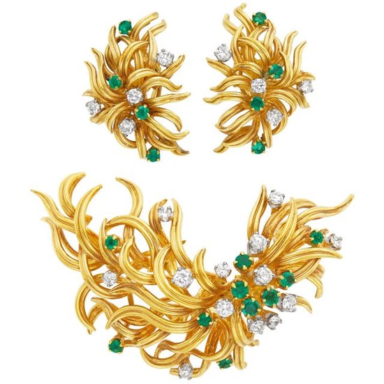 Pair of Gold, Emerald and Diamond Earclips and Brooch
