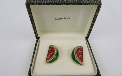 Pair of Judith Leiber Watermelon Enamel Ear Clip