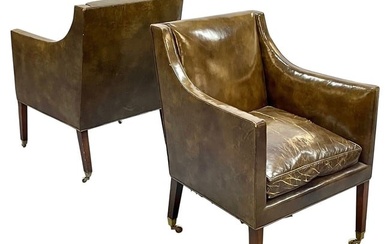 Pair of Patinated Regency Style Leather Upholstered Armchairs / Lounge, Bronze